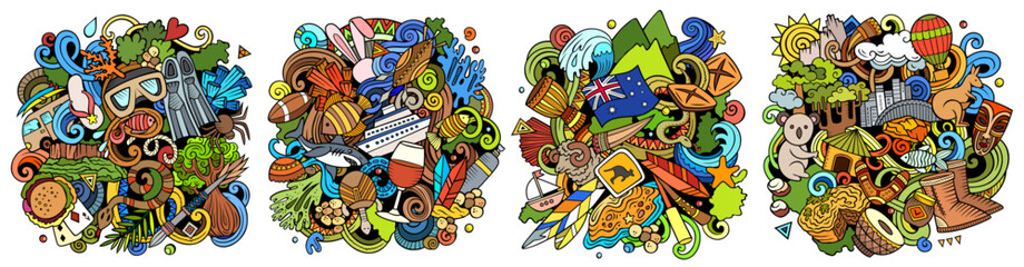 Australia cartoon vector doodle designs set. Colorful detailed compositions with lot of traditional symbols. Isolated on white illustrations