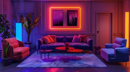 best interior of luxury living room at night with neon light