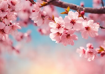 Obraz premium Horizontal banner with sakura flowers of pink color on a sunny backdrop. Beautiful nature spring background with a branch of blooming sakura.