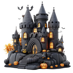 Fototapeta premium Black castle with yellow lights, 3d style, isolated background.