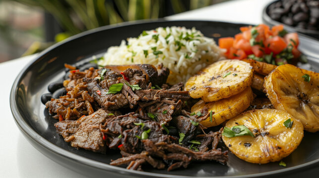Traditional venezuelan cuisine: pabell&oacute;n criollo with shredded beef, black beans, white rice, and fried plantains on a plate