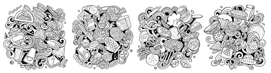 Bakery cartoon vector doodle designs set. Sketchy detailed banner with lot of baked goods objects and symbols compositions.