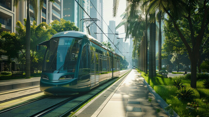 Modern tram gliding through a serene urban greenway in the early morning light.