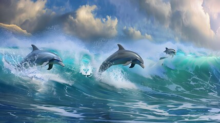 A lively scene of three dolphins joyfully jumping through the ocean waves under a dramatic cloud-filled sky.
