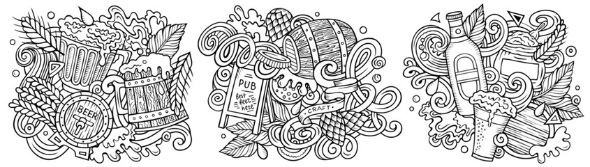 Beer fest cartoon vector doodle designs set. Sketchy detailed compositions with lot of Oktoberfest objects and symbols. Isolated on white illustrations. Food and Drink banner