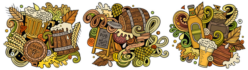 Beer fest cartoon vector doodle designs set. Colorful detailed compositions with lot of Oktoberfest objects and symbols. Isolated on white illustrations. Food and Drink banner