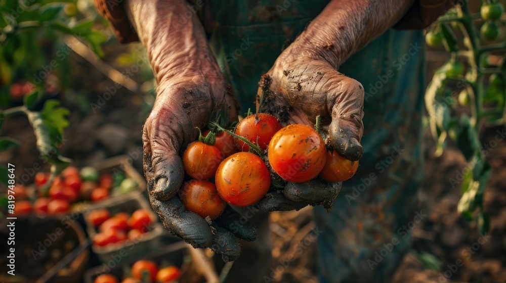 Wall mural the farmer holds tomatoes in his hands. selective focus - Wall murals