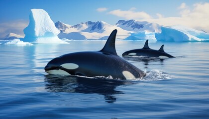 Fototapeta premium Groups of Orcas or killer whales swim and hunt for prey, the top of the food chain in a sea of ​​ice floes