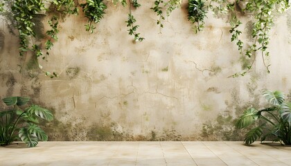 Old grunge beige drywall with plants hanging on the wall. empty space for product display