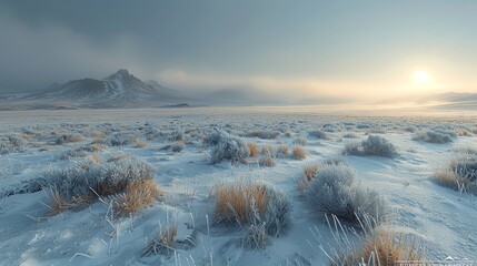 A panoramic view of a tundra ecosystem, sparse vegetation dotting the cold, stark landscape, under a subdued Arctic sun