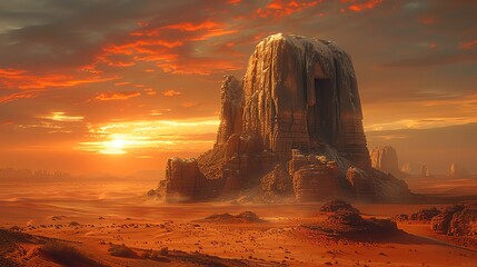 A towering butte, standing alone in a vast mesa landscape, highlighted by the golden hues of the...