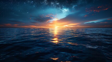 A panoramic view from an oceanic cruise ship, the tranquil sea stretches endlessly under a sky full of stars