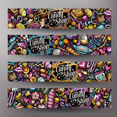 Naklejka premium Cartoon vector doodle set of Candies corporate identity templates. Funny Sweet food colorful and line art banners design