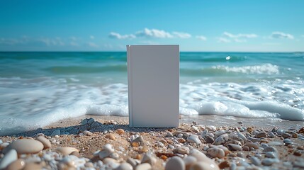 An empty white ad book cover mockup standing upright on the sandy beach with the sea in the background.