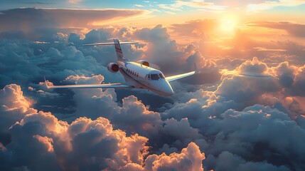 A sleek private jet soaring through the sky, surrounded by fluffy white clouds and a vibrant blue...
