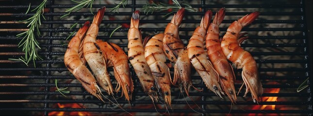 Black grill, there is 9 shrimp with herbs and sauce drizzled over them. 