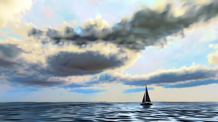 A sailboat navigates through a vast, calm ocean under a dramatic sky filled with vibrant, swirling clouds during sunset.