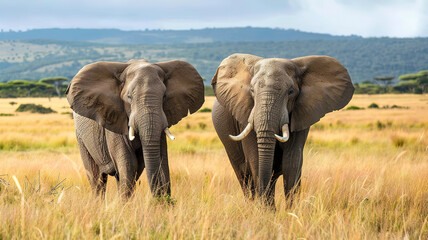 Obraz premium Eyecatching Elephants standing next to each other on a green field in Kenya, Africa