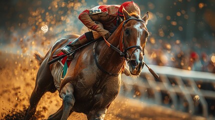 Horse racing intensity, speed, close-up on horse and jockey, vibrant colors, jockey leaning forward in a dynamic pose, horse muscles straining, dirt flying from the track, crowd in