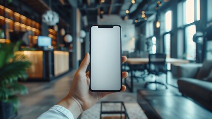 A close-up photograph of a hand holding a smartphone with a blank screen, fingers slightly curved around the device, background of a modern office slightly blurred