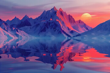 A painting of a mountain range with a lake and a sunset
