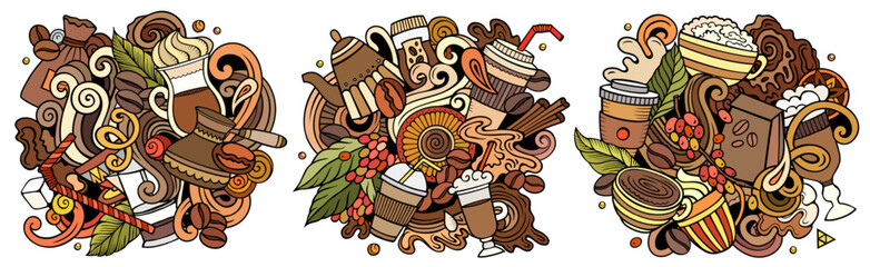 Coffee cartoon vector doodle designs set. Colorful detailed banner with lot of objects and symbols compositions.