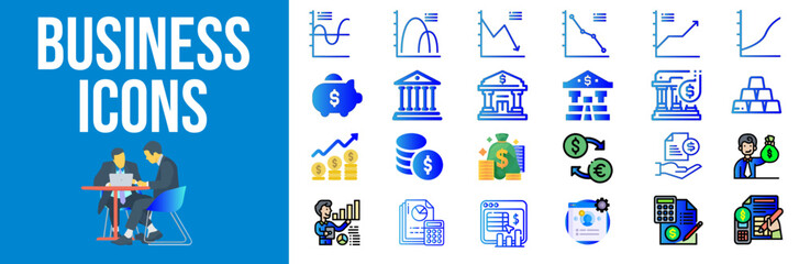 BUSINESS ICONS set, Containing performance, analytics, bank, assign, exchange, budget, loan, sponsorship, meeting, piggy-bank, spreadsheet, Solid icon collection. Vector illustration
