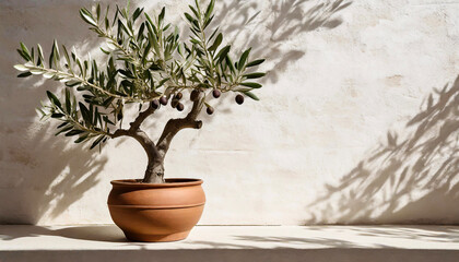 Olive tree in pot on white background.
