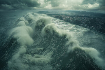 waves of H2O, massive tsunami wave approaching the city, terrifying, the sky is dark with clouds, the sea water has graygreen tones, photorealistic // ai-generated 