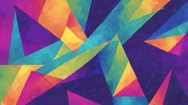 isual feast of geometric forms, triangles with gradient hues that interlock in an intricate dance. The dark background accentuates the luminosity of each shape, crafting a three-dimensional illusion.