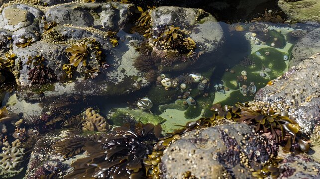 Close-up view of a tide pool teeming with various seaweeds and marine life, showcasing the intricate ecosystem of the rocky coastal environment.