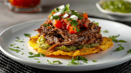 Classic venezuelan arepa with delicious shredded beef, avocado, tomatoes, and onions on a white plate
