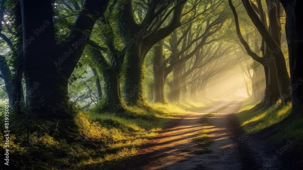 Poster enchanting forest pathway with beams of sunlight filtering through the trees, creating a mystical at