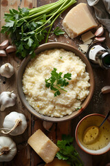 Overhead View of A Deliciously Prepared Risotto with its Essential Ingredients Around