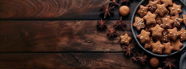 A plate of gingerbread cookies on an old wooden table, with star-shaped designs and cinnamon sticks scattered around it. The background is dark wood, creating contrast between the bright colors  - Powered by Adobe