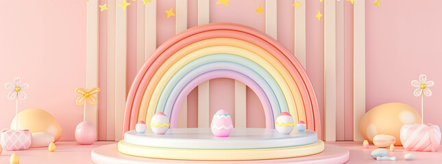 Rainbow kids colorful day stage layout with little star and clouds.
