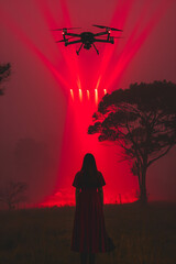 tech drone with red lights shines down on the back of woman standing in front, red background, grassland, tree, foggy sky, night scene, photorealistic // ai-generated 