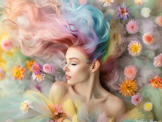 A young woman with vibrant rainbow hair and a beautiful flower crown is surrounded by a cascade of colorful smoke and flowers. 