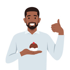 Cheerful businessman holding a cake on a plate and showing thumb up. Flat vector illustration isolated on white background