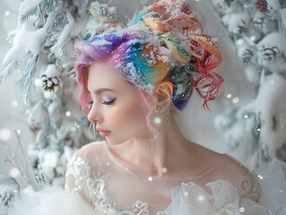A portrait of a young woman with vibrant rainbow hair, surrounded by snowy branches and a soft, magical glow. The image captures a whimsical and enchanting winter scene.