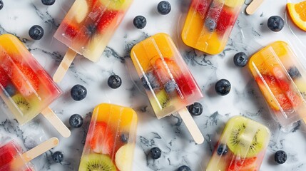 A colorful rectangle of natural foods art, featuring a dish of popsicles made with strawberries and...