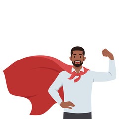 Businessman pose feel strong and costume like superhero. Flat vector illustration isolated on white background