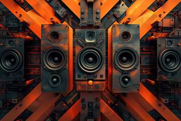 technological background, wall of speakers, partytime, techno, symmetrical composition, orange and black color scheme, industrial design, photorealistic // ai-generated 