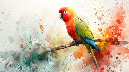 A lively parrot perched on a branch, isolated on a white background with a vibrant mix of red, green, and blue