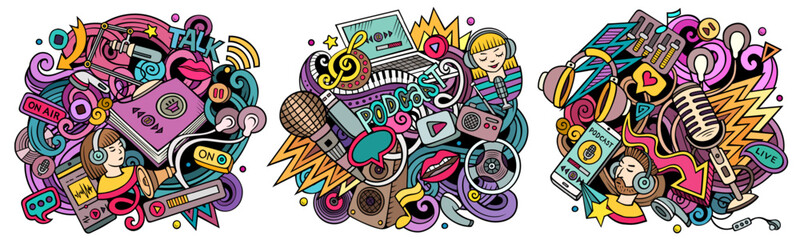 Fototapeta premium Audio content cartoon vector doodle designs set. Colorful detailed compositions with lot of media objects and symbols. Isolated on white illustrations