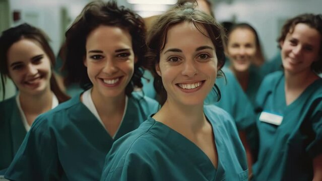 A group of women in green scrubs are smiling for the camera. They are all wearing the same color and seem to be happy