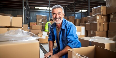 A middle-aged man working in a warehouse sending parcels with boxes. Generative AI.