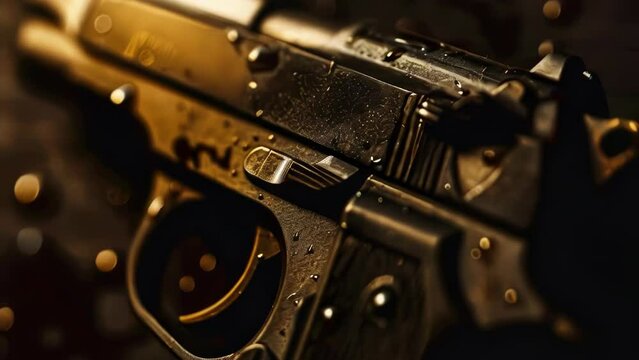 A gun is wet and has a black handle. The gun is in a dark room. Scene is tense and ominous