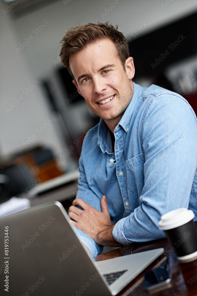 Poster Pride, portrait and businessman with computer in office, web solution and digital information. Software developer, male employee and laptop with smile, web search and application inspection.