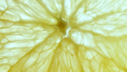A close up of a slice of fresh lemon. The rind, the yellow outer part of the lemon, is visible on...